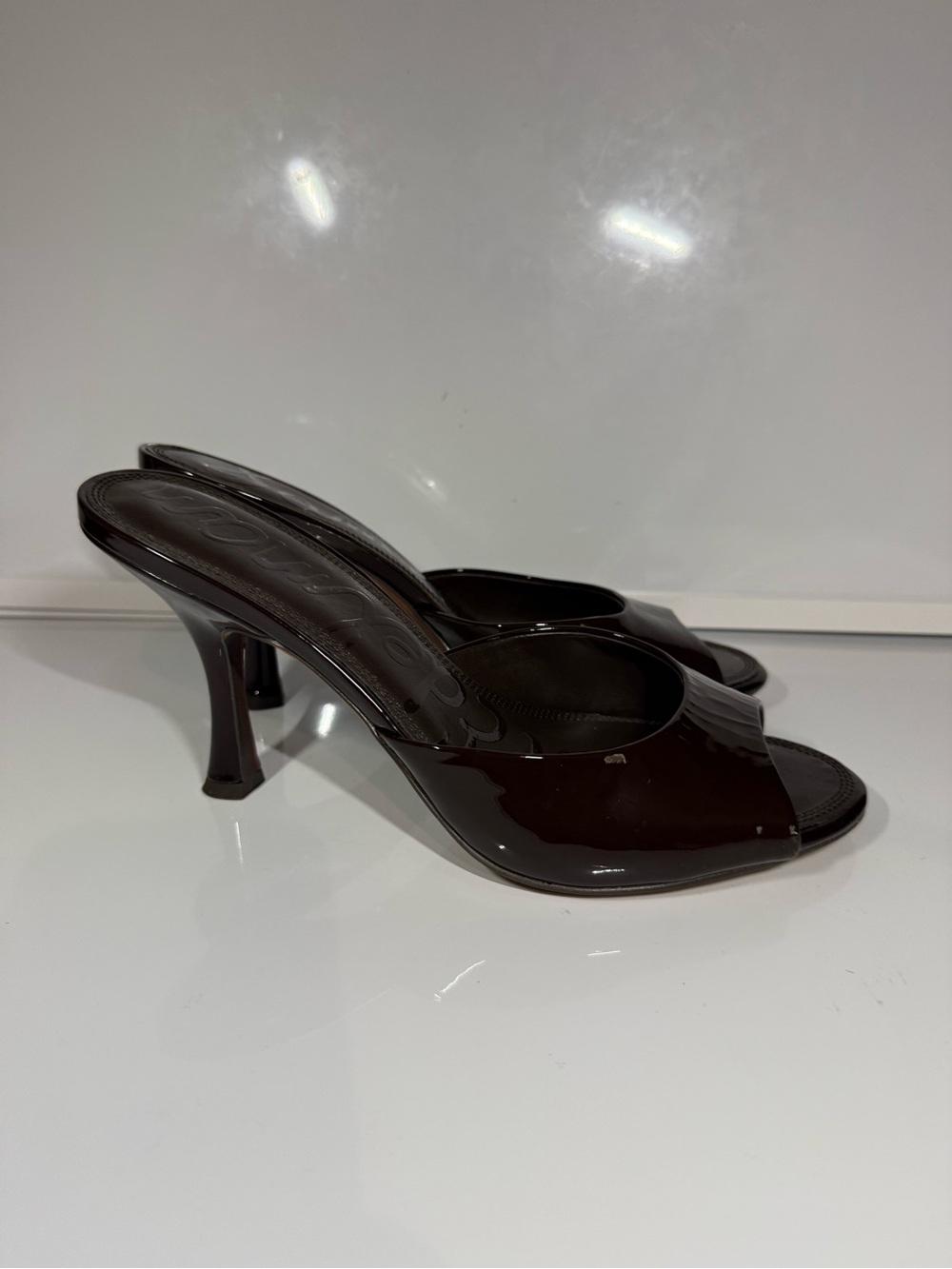 Sam Edelman Brown Patent Open-Toe Heeled Mules size 8.5
